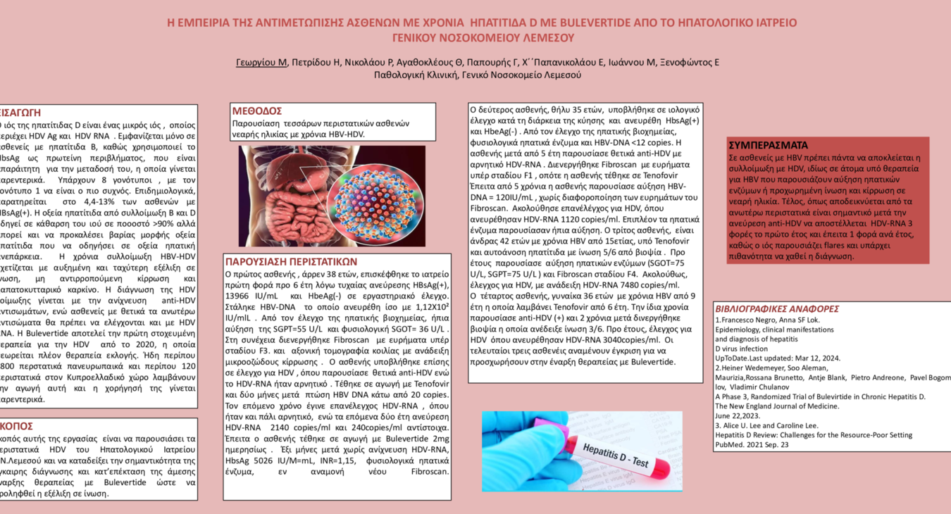Η ΕΜΠΕΙΡΙΑ ΤΗΣ ΑΝΤΙΜΕΤΩΠΙΣΗΣ ΑΣΘΕΝΩΝ ΜΕ ΧΡΟΝΙΑ ΗΠΑΤΙΤΙΔΑ D ΜΕ BULEVERTIDE ΑΠΟ ΤΟ ΗΠΑΤΟΛΟΓΙΚΟ ΙΑΤΡΕΙΟ ΓΕΝΙΚΟΥ ΝΟΣΟΚΟΜΕΙΟΥ ΛΕΜΕΣΟΥ