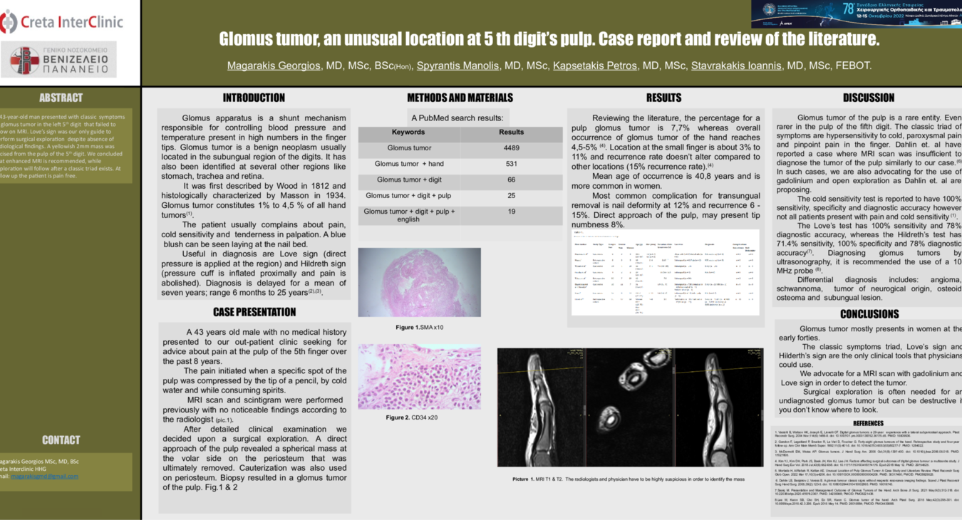 Glomus tumor, an unusual location at 5 th digit’s pulp. Case report and review of the literature.