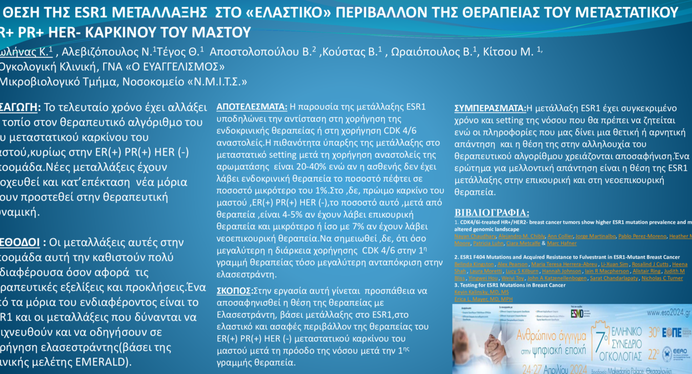 Η ΘΕΣΗ ΤΗΣ ESR1 METAΛΛΑΞΗΣ ΣΤΟ «ΕΛΑΣΤΙΚΟ» ΠΕΡΙΒΑΛΛΟΝ ΤΗΣ ΘΕΡΑΠΕΙΑΣ ΤΟΥ ΜΕΤΑΣΤΑΤΙΚΟΥ ER+ PR+ HER- ΚΑΡΚΙΝΟΥ ΤΟΥ ΜΑΣΤΟΥ
