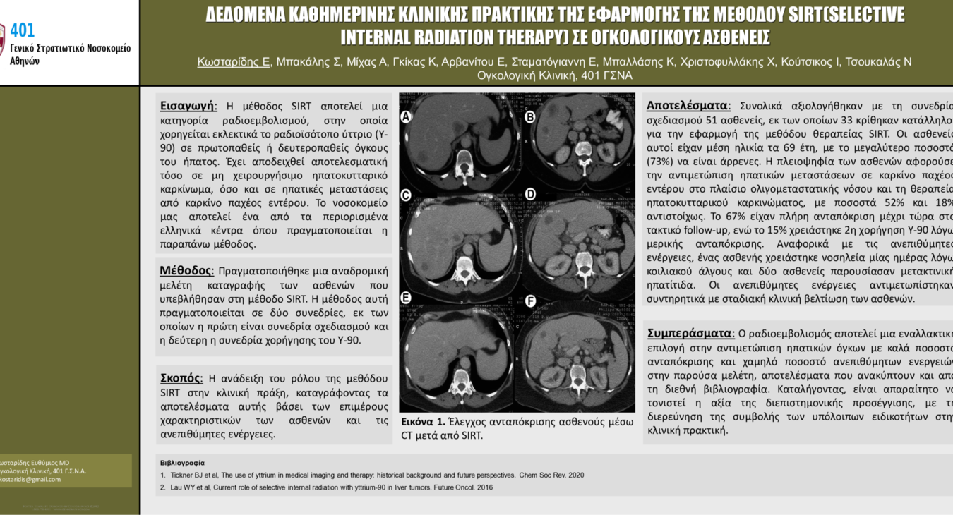 ΔΕΔΟΜΕΝΑ ΚΑΘΗΜΕΡΙΝΗΣ ΚΛΙΝΙΚΗΣ ΠΡΑΚΤΙΚΗΣ ΤΗΣ ΕΦΑΡΜΟΓΗΣ ΤΗΣ ΜΕΘΟΔΟΥ SIRT(SELECTIVE INTERNAL RADIATION THERAPY) ΣΕ ΟΓΚΟΛΟΓΙΚΟΥΣ ΑΣΘ
