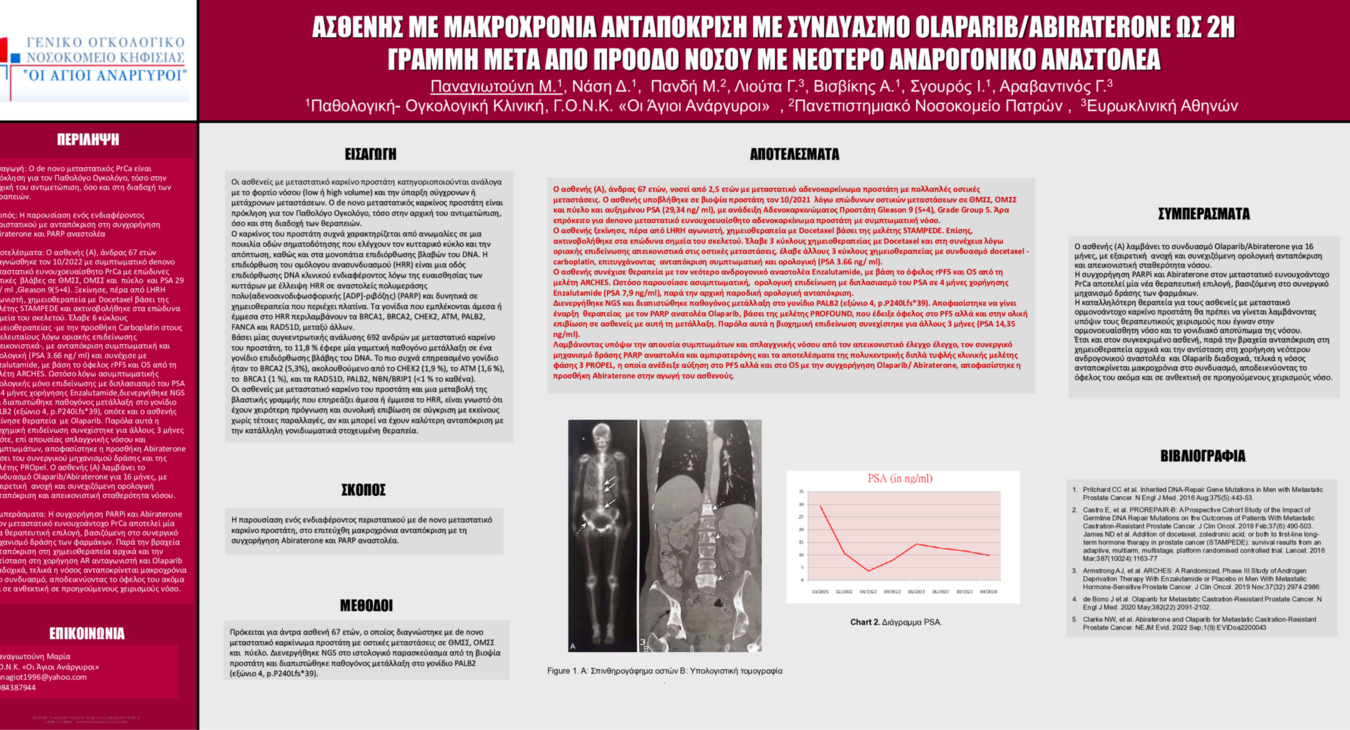 ΑΣΘΕΝΗΣ ΜΕ ΜΑΚΡΟΦΡΟΝΙΑ ΑΝΣΑΠΟΚΡΙΣΗ ΜΕ ΤΟΝ ΣΥΝΔΥΑΣΜΟ OLAPARIB/ABIRATERONE ΜΕΤΑ ΑΠΟ ΠΡΟΟΔΟ ΝΟΣΟΥ ΜΕ ΝΕΟΤΕΡΟ ΑΝΔΡΟΓΟΝΙΚΟ ΑΝΑΣΤΟΛΕΑ 