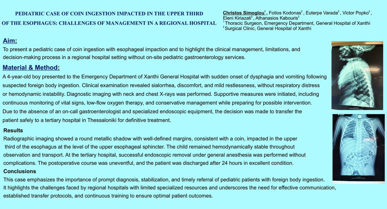 PEDIATRIC CASE OF COIN INGESTION IMPACTED IN THE UPPER THIRD OF THE ESOPHAGUS: CHALLENGES OF MANAGEMENT IN A REGIONAL HOSPITAL